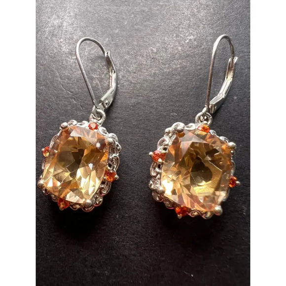 Morganite quartz and orange spinel sterling silver lever back earrings - Picture 2 of 11